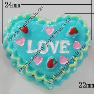 Resin Cabochons, No-Hole Jewelry findings, Heart 22x24mm, Sold by Bag 