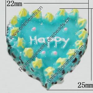 Resin Cabochons, No-Hole Jewelry findings, Heart 22x25mm, Sold by Bag 