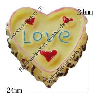 Resin Cabochons, No-Hole Jewelry findings, Heart 24x24mm, Sold by Bag 