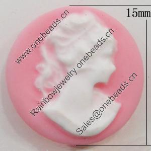 Cameos Resin Beads, No-Hole Jewelry findings, Flat Round 15mm, Sold by Bag