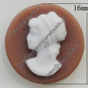 Cameos Resin Beads, No-Hole Jewelry findings, Flat Round 16mm, Sold by Bag