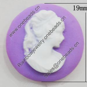 Cameos Resin Beads, No-Hole Jewelry findings, Flat Round 19mm, Sold by Bag