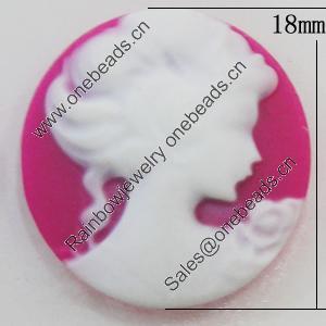 Cameos Resin Beads, No-Hole Jewelry findings, Flat Round 18mm, Sold by Bag