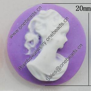 Cameos Resin Beads, No-Hole Jewelry findings, Flat Round 20mm, Sold by Bag