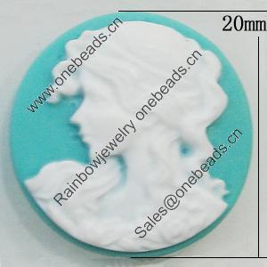 Cameos Resin Beads, No-Hole Jewelry findings, Flat Round 20mm, Sold by Bag