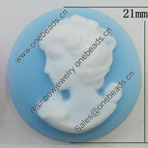 Cameos Resin Beads, No-Hole Jewelry findings, Flat Round 21mm, Sold by Bag