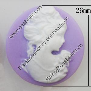 Cameos Resin Beads, No-Hole Jewelry findings, Flat Round 26mm, Sold by Bag