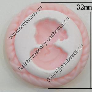 Cameos Resin Beads, No-Hole Jewelry findings, Flat Round 32mm, Sold by Bag