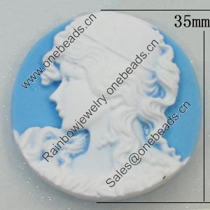 Cameos Resin Beads, No-Hole Jewelry findings, Flat Round 35mm, Sold by Bag