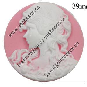 Cameos Resin Beads, No-Hole Jewelry findings, Flat Round 39mm, Sold by Bag