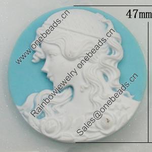 Cameos Resin Beads, No-Hole Jewelry findings, Flat Round 47mm, Sold by Bag