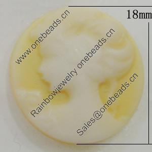 Cameos Resin Beads, No-Hole Jewelry findings, Flat Round 18mm, Sold by Bag