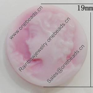 Cameos Resin Beads, No-Hole Jewelry findings, Flat Round 19mm, Sold by Bag