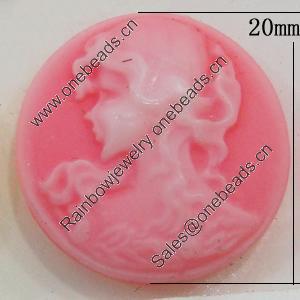 Cameos Resin Beads, No-Hole Jewelry findings, Flat Round 20mm, Sold by Bag