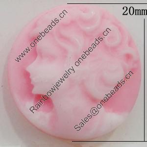 Cameos Resin Beads, No-Hole Jewelry findings, Flat Round 20mm, Sold by Bag