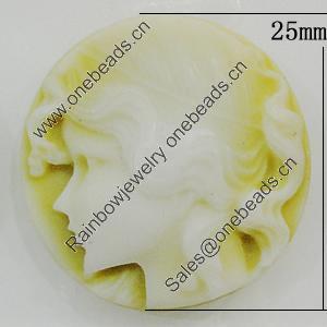 Cameos Resin Beads, No-Hole Jewelry findings, Flat Round 25mm, Sold by Bag