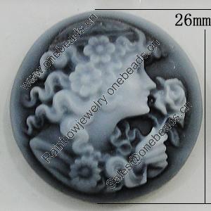 Cameos Resin Beads, No-Hole Jewelry findings, Flat Round 26mm, Sold by Bag