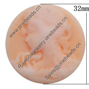 Cameos Resin Beads, No-Hole Jewelry findings, Flat Round 32mm, Sold by Bag