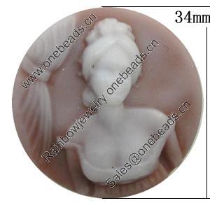 Cameos Resin Beads, No-Hole Jewelry findings, Flat Round 34mm, Sold by Bag