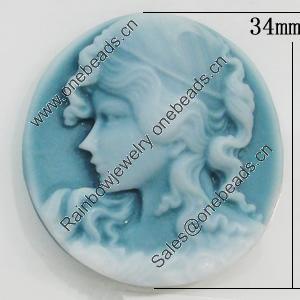 Cameos Resin Beads, No-Hole Jewelry findings, Flat Round 34mm, Sold by Bag