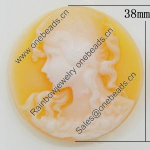 Cameos Resin Beads, No-Hole Jewelry findings, Flat Round 38mm, Sold by Bag
