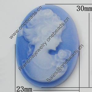 Cameos Resin Beads, No-Hole Jewelry findings, Flat Oval 23x30mm, Sold by Bag