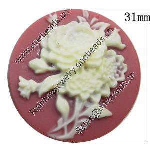 Cameos Resin Beads, No-Hole Jewelry findings, Flat Round 31mm, Sold by Bag
