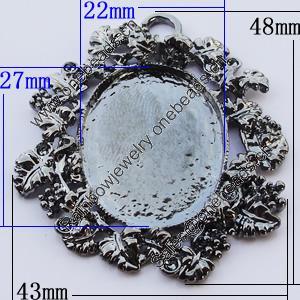 Zinc Alloy Cabochon Settings, Outside diameter:48x43mm, Interior diameter:27x22mm, Sold by Bag