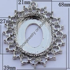 Zinc Alloy Cabochon Settings, Outside diameter:48x39mm, Interior diameter:21x27mm, Sold by Bag 