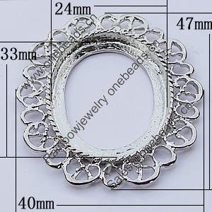 Zinc Alloy Cabochon Settings, Outside diameter:40x47mm, Interior diameter:24x33mm, Sold by Bag 