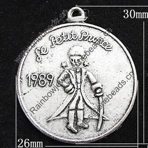 Pendant, Zinc Alloy Jewelry Findings, Flat Round 26x30mm, Sold by Bag