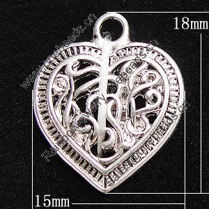 Pendant, Zinc Alloy Jewelry Findings, Heart 15x18mm, Sold by Bag