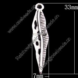 Pendant, Zinc Alloy Jewelry Findings, Leaf 7x33mm, Sold by Bag