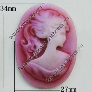 Cameos Resin Beads, No-Hole Jewelry findings, Flat Oval 27x34mm, Sold by Bag