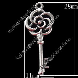 Pendant, Zinc Alloy Jewelry Findings, Key 11x28mm, Sold by Bag