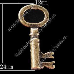 Pendant, Zinc Alloy Jewelry Findings, Key 12x24mm, Sold by Bag