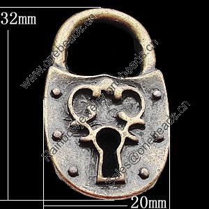 Pendant, Zinc Alloy Jewelry Findings, Lock 20x32mm, Sold by Bag