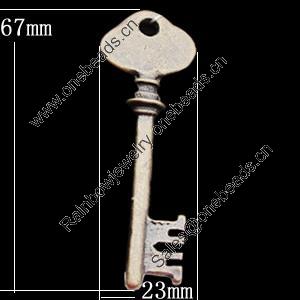 Pendant, Zinc Alloy Jewelry Findings, Key 23x67mm, Sold by Bag