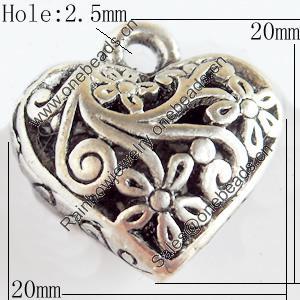 Hollow Bali Pendant Zinc Alloy Jewelry Findings, Lead-free, Heart, 20x20mm Hole:2.5mm, Sold by Bag 