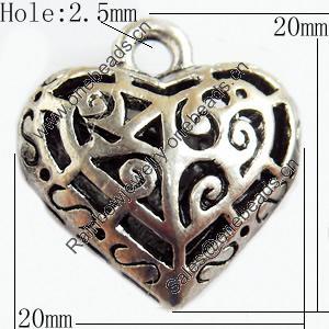 Hollow Bali Pendant Zinc Alloy Jewelry Findings, Lead-free, Heart, 20x20mm Hole:2.5mm, Sold by Bag 