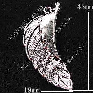 Pendant, Zinc Alloy Jewelry Findings, Leaf 19x45mm, Sold by Bag