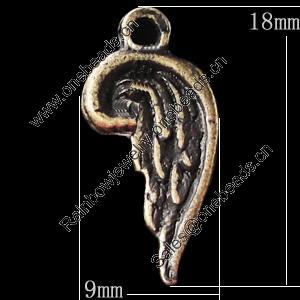 Pendant, Zinc Alloy Jewelry Findings, Wing 9x18mm, Sold by Bag