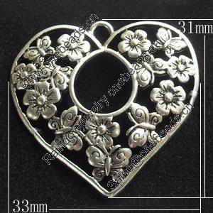 Pendant, Zinc Alloy Jewelry Findings, Heart, 33x31mm, Sold by Bag