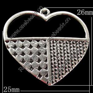 Pendant, Zinc Alloy Jewelry Findings, Heart 25x26mm, Sold by Bag
