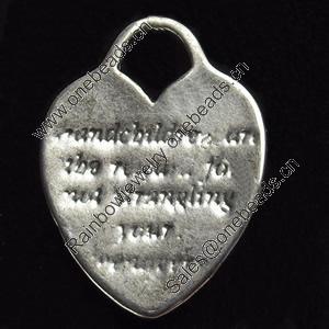 Pendant, Zinc Alloy Jewelry Findings, Heart, 17x23mm, Sold by Bag