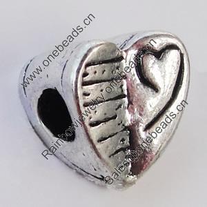 European Style Beads Zinc Alloy Jewelry Findings Lead-free, Heart 10x10mm Hole:3.5mm, Sold by Bag