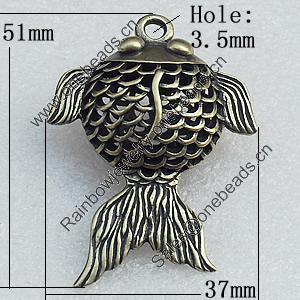 Hollow Bali Pendant Zinc Alloy Jewelry Findings, Fish 37x51mm Hole:3.5mm, Sold by Bag