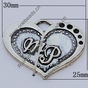 Pendants, Zinc Alloy Jewelry Findings, Heart 30x25mm, Sold by Bag