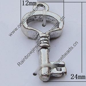 Pendants, Zinc Alloy Jewelry Findings, Key 12x24mm Hole:2.5mm, Sold by Bag