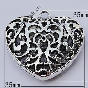 Hollow Bali Pendant Zinc Alloy Jewelry Findings, Heart 35x35mm Hole:3.5mm, Sold by Bag